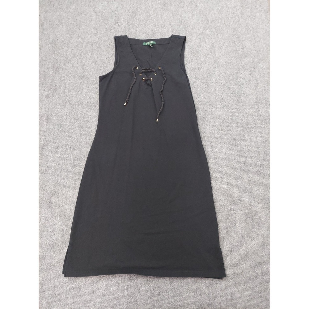 LRL RALPH LAUREN Dress Women Medium Black Lace Up Tank Shift Cotton Stretch Midi